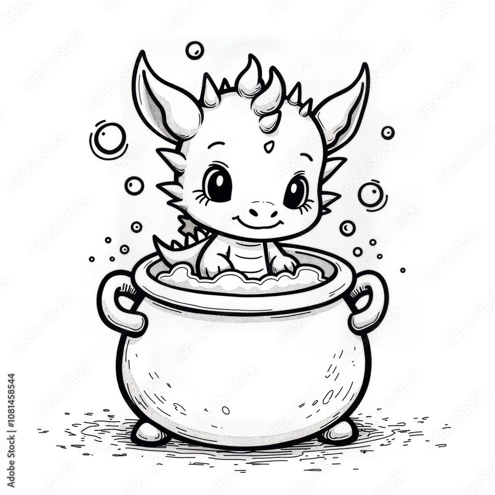 Baby Dragon Taking Bath in Cauldron Lineart Baby Dragon Taking Bath in Cauldron Lineart