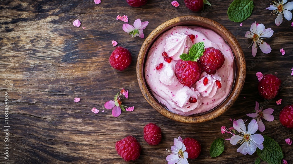 Raspberry ice cream with berries and flowers on rustic table