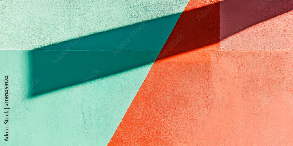 Fototapeta premium Shadow Play: Abstract teal and coral hues meet in a dynamic interplay of light and shadow. Geometric shapes and contrasting colors create a visually striking image. 