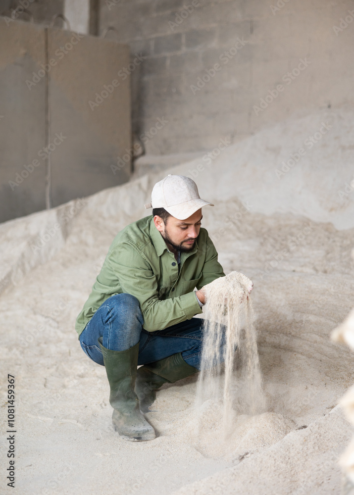 Confident focused young bearded farmer holding handful of corn meal in warehouse of livestock farm, examining organic ingredient for use in animal feed Confident focused young bearded farmer holding handful of corn meal in warehouse of livestock farm, examining organic ingredient for use in animal feed