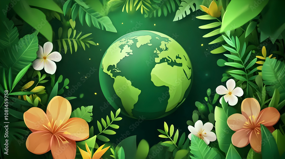 Green Earth Illustration Surrounded by Lush Tropical Foliage and Flowers Green Earth Illustration Surrounded by Lush Tropical Foliage and Flowers