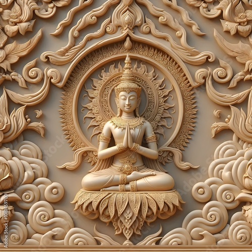 Golden Buddha statue in a temple with intricate carvings and angelic figures, showcasing Thai religious art and architecture, symbolizing faith and worship in Thailand's Buddhist culture