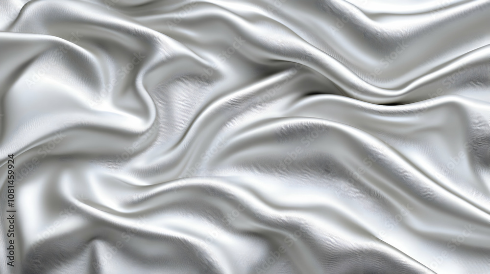 Silver Fabric Drapes in Elegant, Smooth Waves, Creating a Luxurious and Refined Abstract Background Texture.