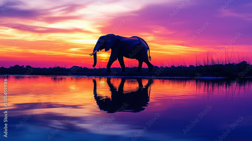 Obraz premium Majestic Elephant Walking by Tranquil Water at Sunset, Capturing the Beauty of Wildlife and Nature in Vibrant Colors of Twilight Sky Reflection