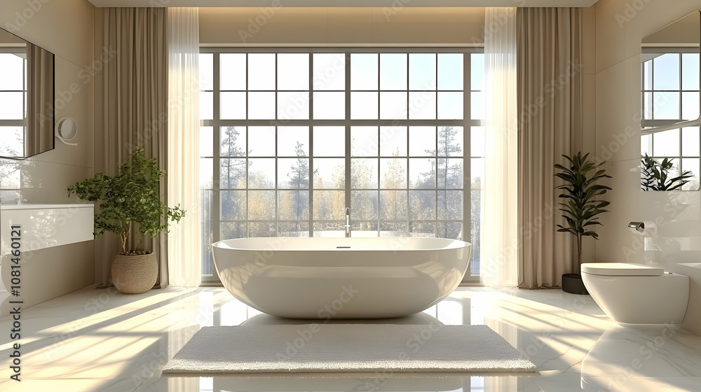 Modern Bathroom with Freestanding Tub, Sunlight Streaming Through Large Window, Minimalist Design, Luxurious Ambiance Modern Bathroom with Freestanding Tub, Sunlight Streaming Through Large Window, Minimalist Design, Luxurious Ambiance
