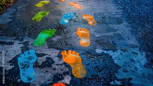 A conceptual image of diverse footsteps in various colors converging towards a common point on a simple surface, Promoting diversity and collaboration, photography style