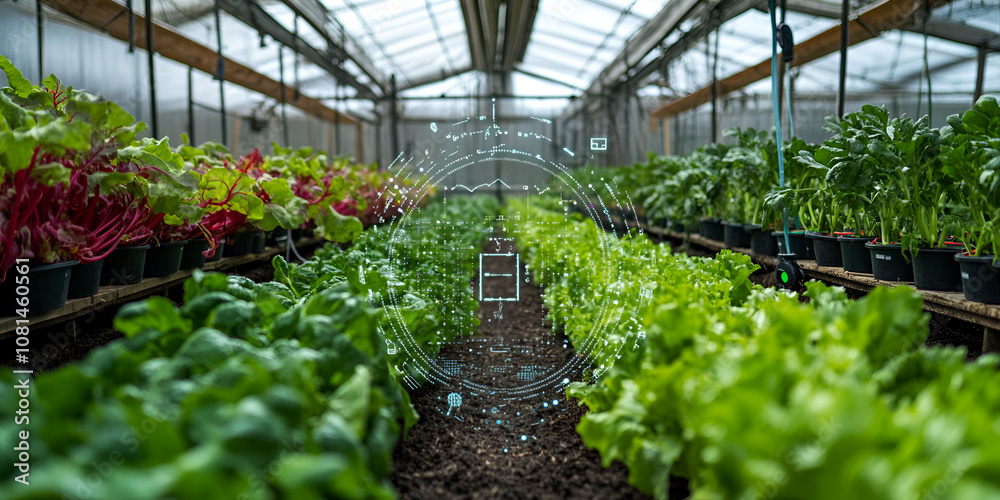 Greenhouse Rows of Lettuce and Herbs: Rows of lush lettuce and herbs thrive under the watchful eye of a sprinkler system in a modern greenhouse. Greenhouse Rows of Lettuce and Herbs: Rows of lush lettuce and herbs thrive under the watchful eye of a sprinkler system in a modern greenhouse.