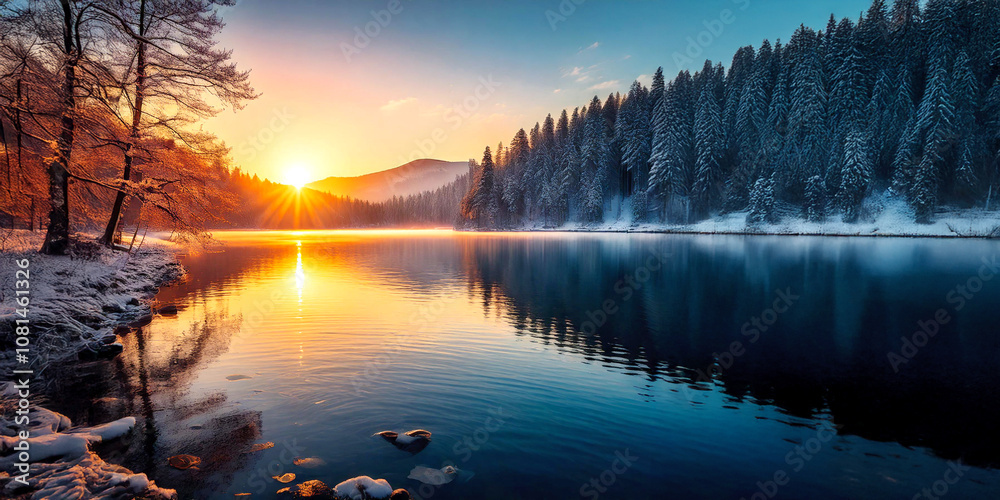 Fototapeta premium sunrise in winter view on serene lakeside realistic illustration