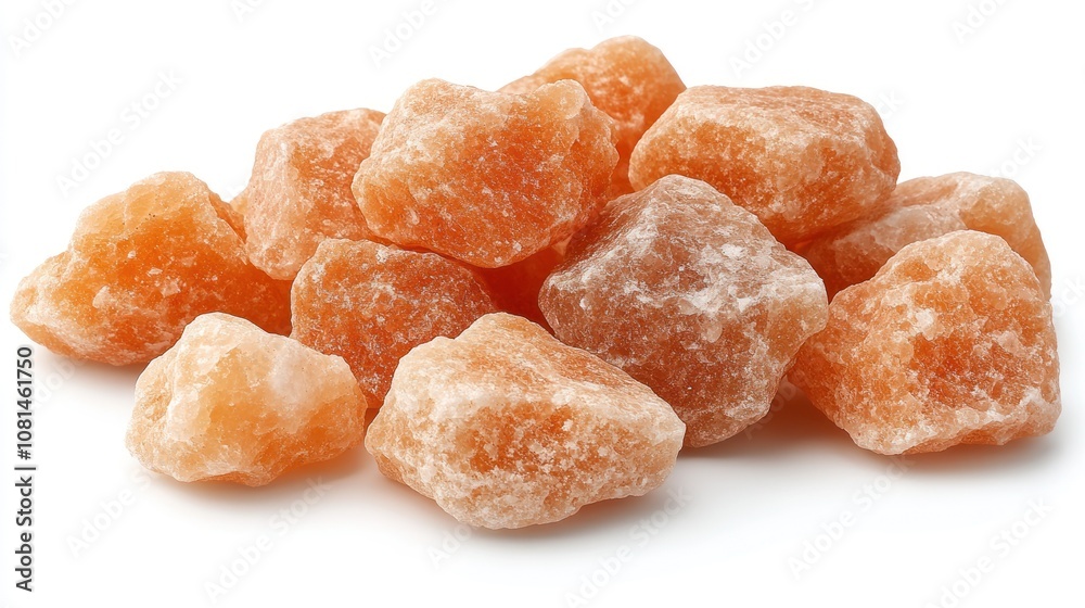 A pile of pink Himalayan salt crystals on a white background. A pile of pink Himalayan salt crystals on a white background.