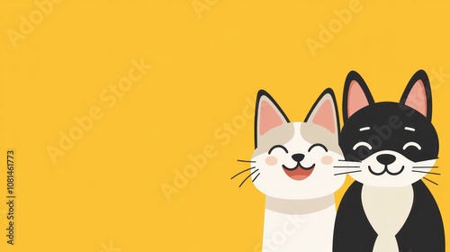 Vet banner with pets and copy space for text. Dog and cat smiling with happy expression and closed eyes. Isolated on yellow background