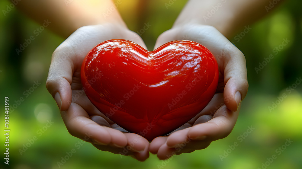 Heart-Shaped Object Held Gently in Open Hands, 3D Render, Outdoors Background Heart-Shaped Object Held Gently in Open Hands, 3D Render, Outdoors Background