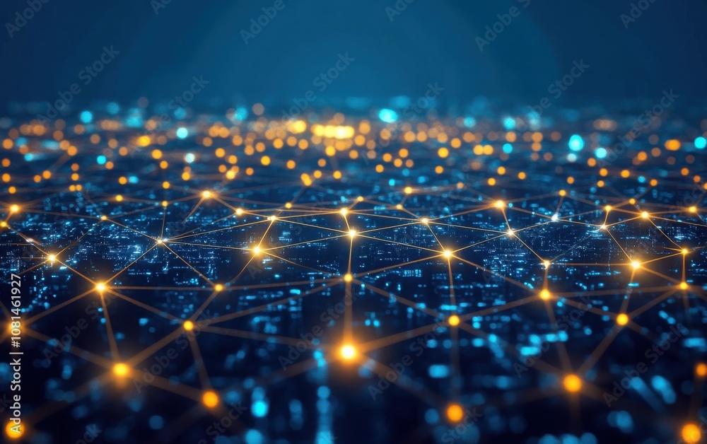 Fototapeta premium An abstract digital landscape with a grid of glowing dots arranged to resemble a city at night. 