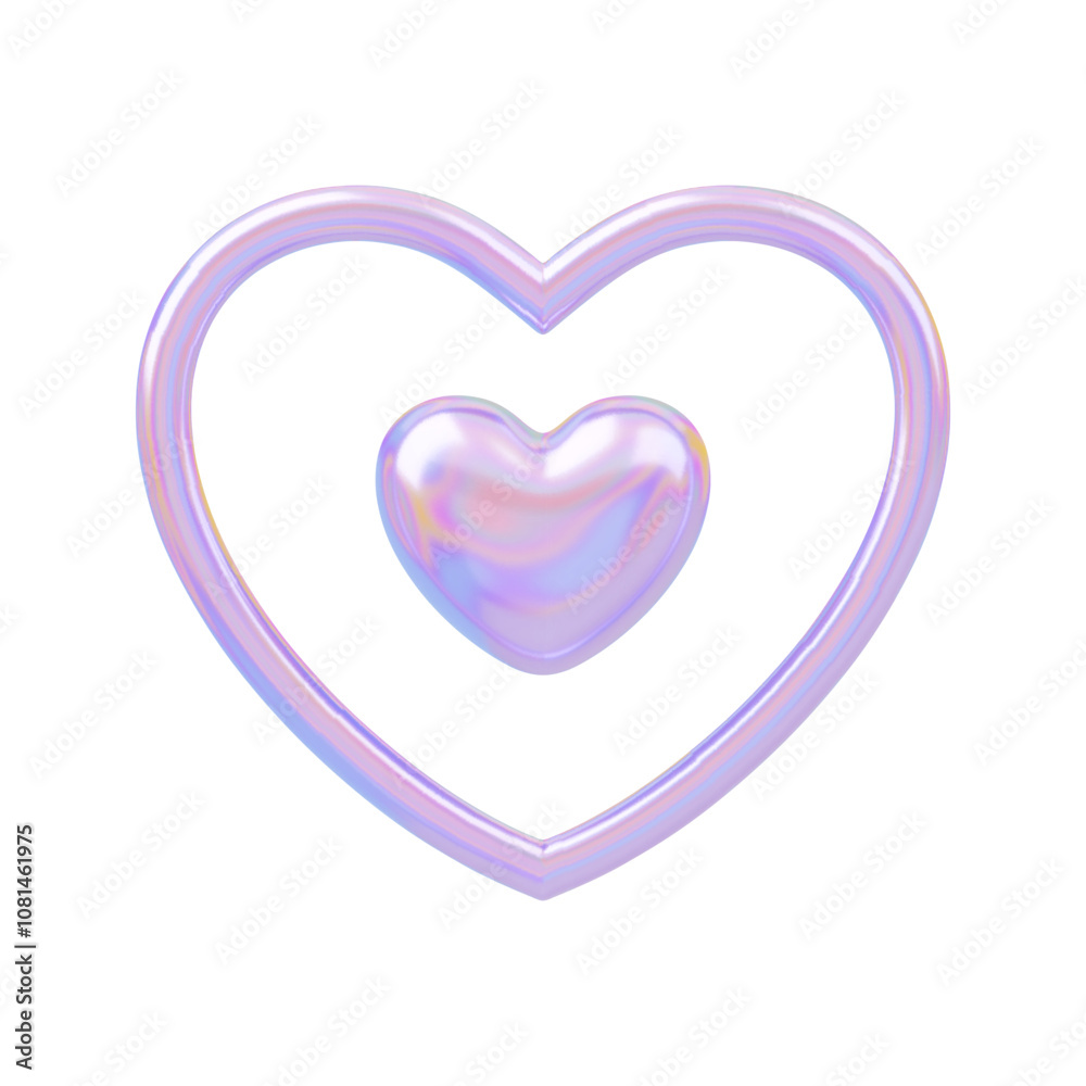 3D holographic heart with frame around. Galaxy love element, y2k romantic futuristic shape for Valentines Day, wedding. Shiny metallic love retro concept. Chrome vector illustration isolated on white