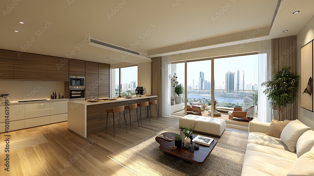 Fototapeta premium Beige kitchen with a functional bar counter, bright open space, and soft neutral tones for a modern and airy atmosphere