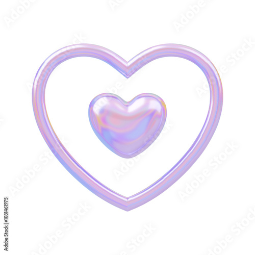 3D holographic heart with frame around. Galaxy love element, y2k romantic futuristic shape for Valentines Day, wedding. Shiny metallic love retro concept. Chrome vector illustration isolated on white