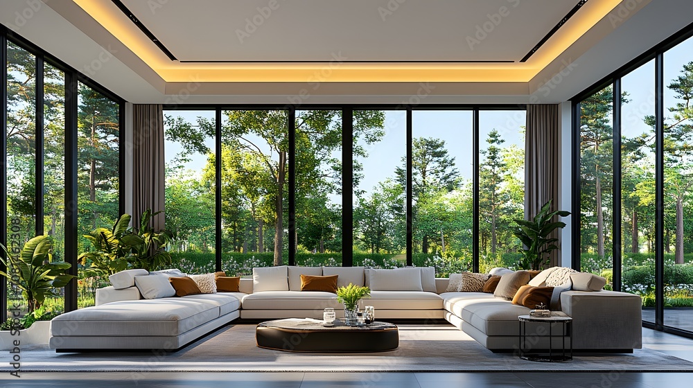 Fototapeta premium Modern living room with sleek contemporary furniture, clean surfaces, bright open space, 3D rendering, minimal decor