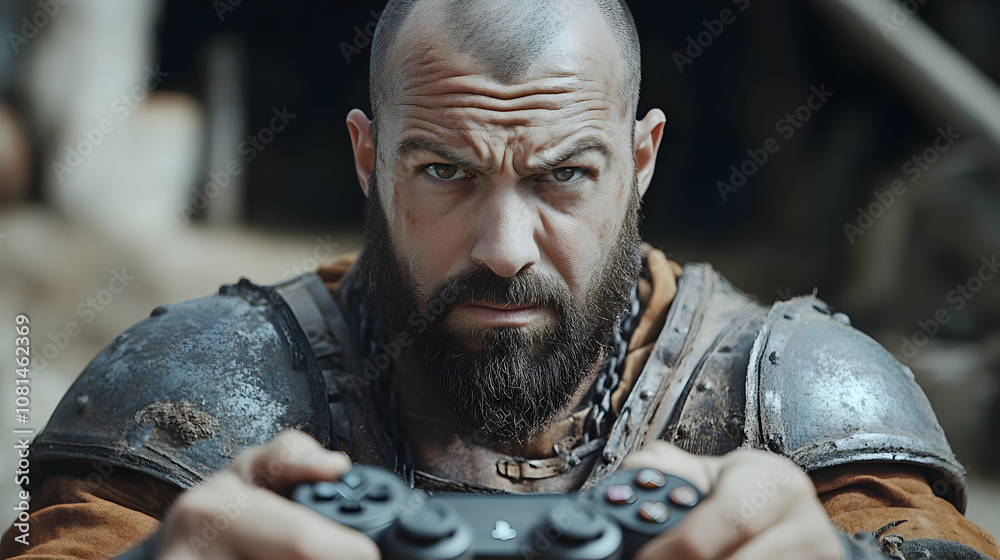 Grizzled Warrior Intensely Plays Video Game,  Holding Controller with Focused Determination in Rustic Setting.