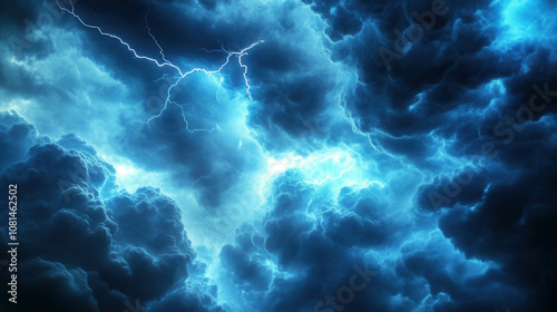 Dramatic Stormy Clouds in Deep Blue Hues Illuminated by Lightning Strikes Creating an Intense and Majestic Atmospheric Scene Perfect for Nature Backgrounds