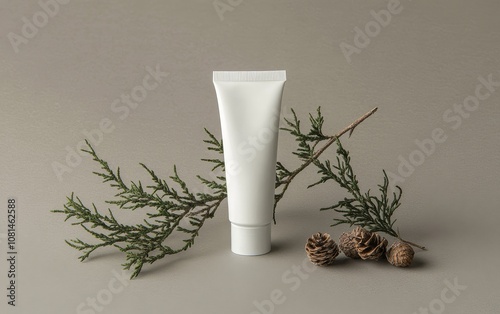 A minimalist tube of cream beside natural elements like pine branches and cones. photo