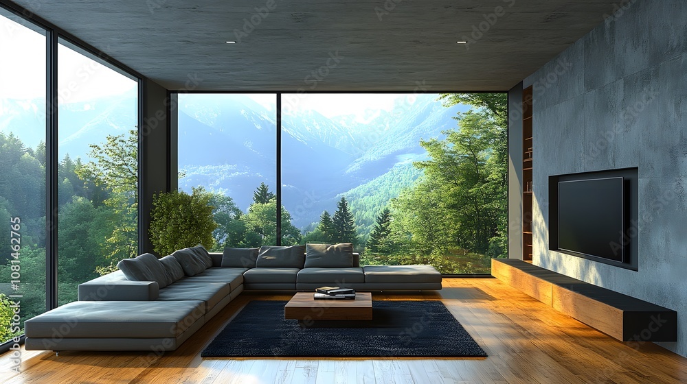 Fototapeta premium Minimalist contemporary living room with spacious layout, modern furniture, and open space, 3D rendering with no clutter