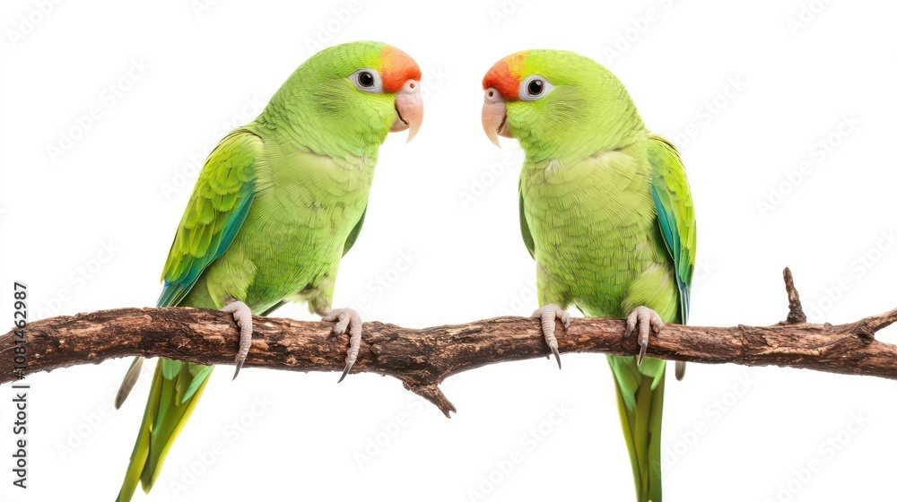 Fototapeta premium Two green parrots with orange heads perched on a branch facing each other.