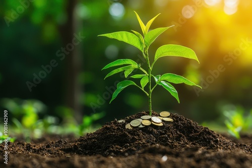 Small tree growing coins soil concept.  A small green plant grows from soil, surrounded by coins, symbolizing growth, wealth, and prosperity in a natural environment. photo