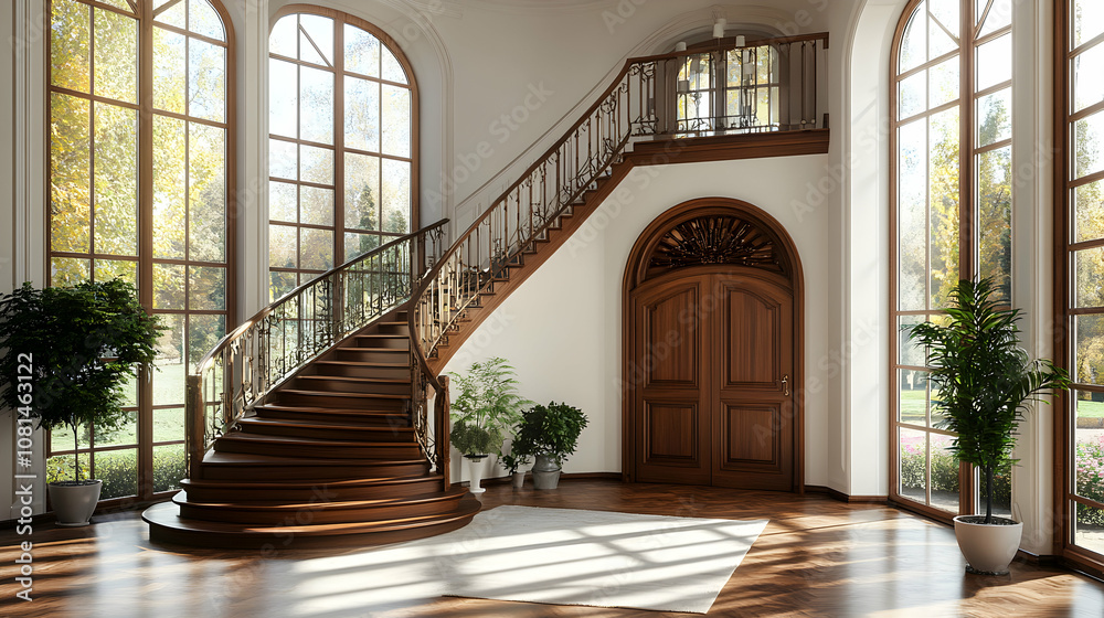 Elegant Wooden Staircase Ascends in Sunlit Grand Hall with Large Windows and Lush Potted Plants Elegant Wooden Staircase Ascends in Sunlit Grand Hall with Large Windows and Lush Potted Plants