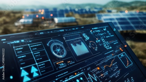 Smart Grids and Sustainable Energy Storage, A digital interface displaying real-time energy data on a smart grid network, with batteries and solar panels in the background representing energy storage photo