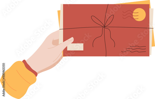 Hand holding a bundle of mail including letters, cards, and envelopes. Concept of love and gift for holiday occasions, flat style with creative approach. Suitable for stationery or correspondence