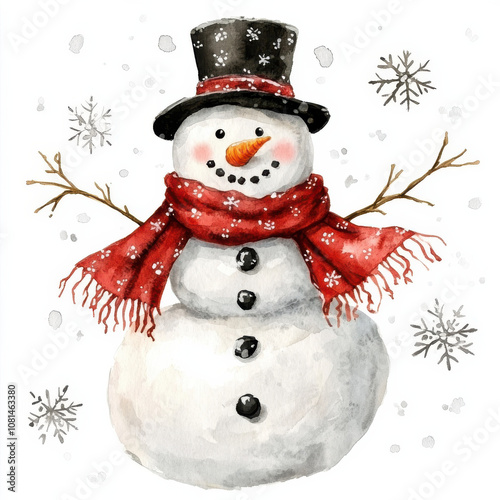 cheerful snowman wearing black top hat and red scarf stands amidst falling snowflakes. Its button eyes and carrot nose add playful touch to winter scene