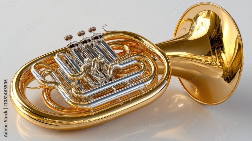 Obraz premium A shiny golden French horn on a white background.