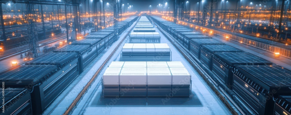 Fototapeta premium Smart Grids and Sustainable Energy Storage, A massive energy storage installation featuring rows of high-capacity batteries, stabilizing the smart grid for renewable energy sources