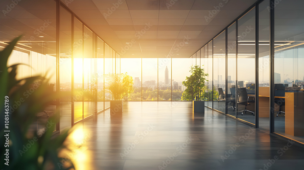 Sunlit Modern Office Corridor with City View: A 3D Render of a Glass-Walled Office Space Showing a Panoramic Skyline at Sunset, Featuring Potted Plants and Sleek Furnishings. Sunlit Modern Office Corridor with City View: A 3D Render of a Glass-Walled Office Space Showing a Panoramic Skyline at Sunset, Featuring Potted Plants and Sleek Furnishings.