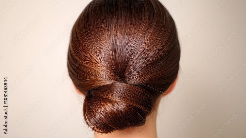 Elegant and Sleek Brown Hair Bun Style from the Back with a Smooth Finish Showcasing Glossy and Healthy Hair Texture on a Neutral Background for Beauty or Fashion Uses Elegant and Sleek Brown Hair Bun Style from the Back with a Smooth Finish Showcasing Glossy and Healthy Hair Texture on a Neutral Background for Beauty or Fashion Uses