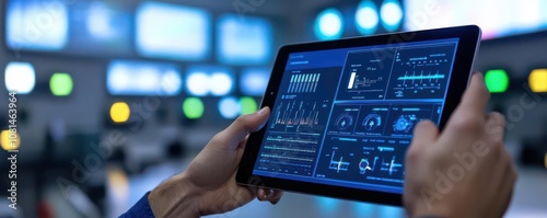 Smart Grids and Sustainable Energy Storage, Hands holding a tablet displaying smart grid analytics and battery storage status in a modern control room