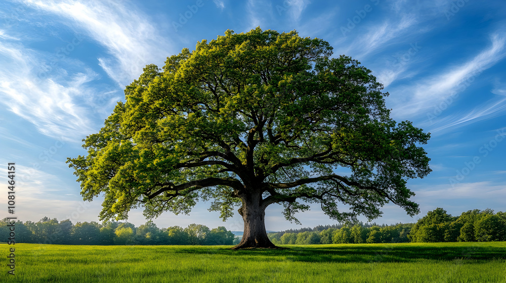 Majestic Oak Tree Stands Tall in Verdant Field Under a Blue Sky with Wispy Clouds Majestic Oak Tree Stands Tall in Verdant Field Under a Blue Sky with Wispy Clouds