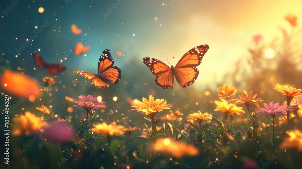 Two monarch butterflies fly over a field of yellow and pink flowers with a soft golden sunset in the background. Two monarch butterflies fly over a field of yellow and pink flowers with a soft golden sunset in the background.