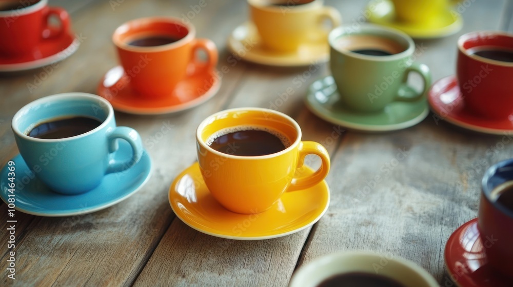 Colorful Coffee Cups on Wooden Table Colorful Coffee Cups on Wooden Table
