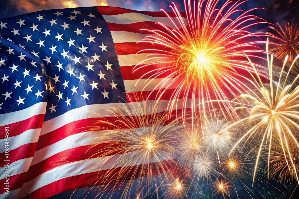 fireworks in the sky and a flag with a background of stars and a flag fireworks in the sky and a flag with a background of stars and a flag