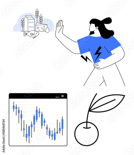 Woman rejecting unhealthy food, fitness symbol, stock market chart. Ideal for nutrition, fitness, wellness, healthy living, financial growth personal finance lifestyle content. Line metaphor