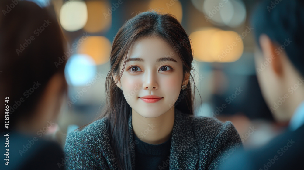 Korean business woman talking to colleagues at a meeting or job interview Korean business woman talking to colleagues at a meeting or job interview