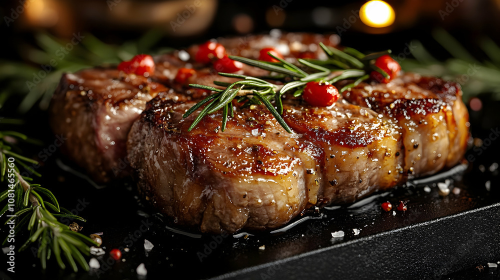 Close-up of Grilled Steaks Garnished with Rosemary and Peppercorns on a Dark Surface