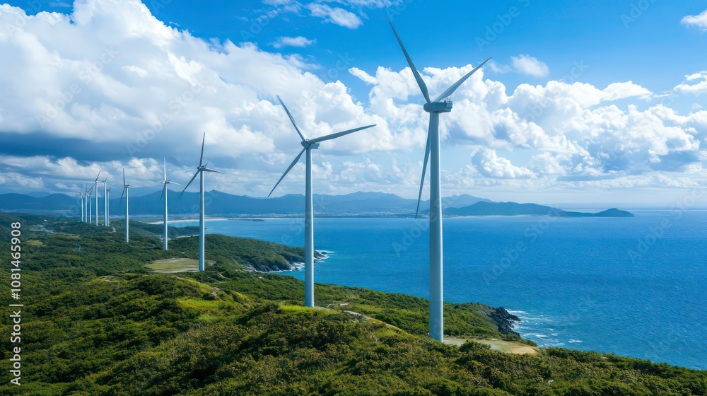 An aerial view of a wind farm on a hilltop overlooking the ocean. The wind turbines are white and stand tall against the blue sky and water. The hills are covered in green vegetation.