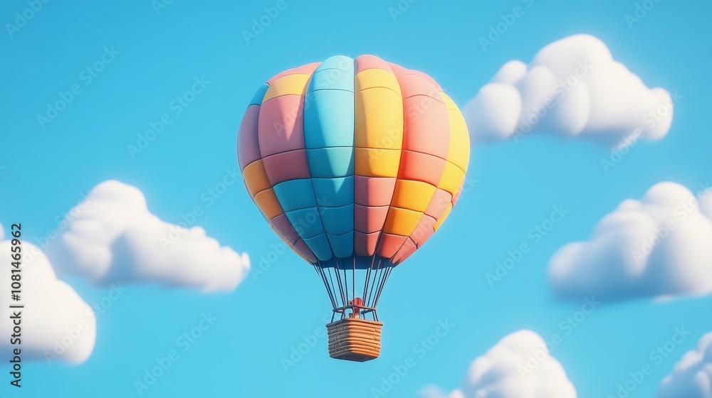 Obraz premium A colorful hot air balloon floats against a bright blue sky with fluffy clouds.