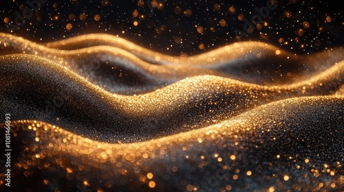 Abstract golden glitter waves on dark background with bokeh effect.