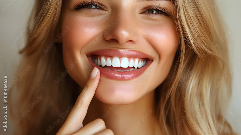 Obraz premium Close-up of a Woman's Bright, White Smile with Healthy Gums and Long Blonde Hair, Showing Radiant Beauty and Confidence.