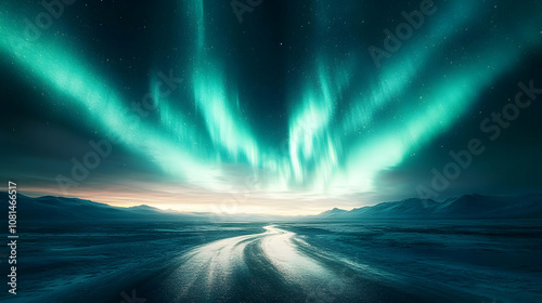 Arctic Aurora Borealis Illuminates Winding Road in Snowy Landscape at Dusk