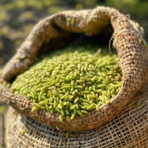 beans in a basket beans in the market green gree nTop view of pistachios in a burlap bag on a green surface photo