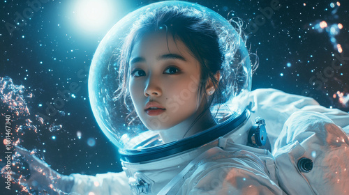 Young woman asian lady girl wearing astronaut spacesuit in space with universe planet blue white background. futuristic cyberpunk virtual reality cyberspace dreamy cool fashion wallpaper photo