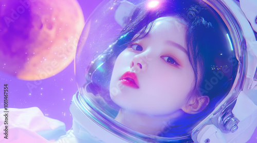 Young woman asian lady girl wearing astronaut spacesuit in space with universe planet purple pink background. futuristic cyberpunk virtual reality cyberspace dreamy cool fashion wallpaper photo